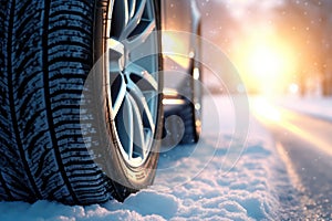 Car tires in winter on road covered with snow. Danger on winter trip. Generative AI