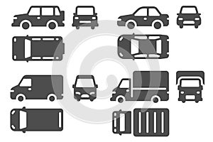 Car top side and front view. Vehicle projection, suv, minibus and truck auto icons for web, ui design outline transportation