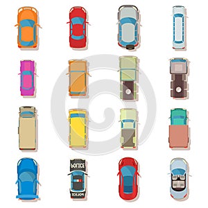 Car top view above over icons set, flat style