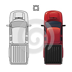 Car top view sketch contour shape and red pickup , for parking scheme or architecture presentation , actual proportion size. Blac