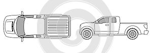 Car top view sketch contour shape and side pickup , for parking scheme or architecture presentation , actual proportion size. Blac