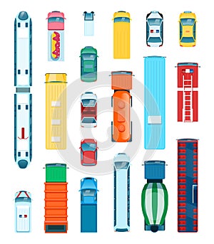 Car top view. Urban transport from above. Truck, bus, ambulance, taxi, police car. Flat city vehicles, transportation