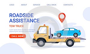 Car tow truck accident roadside assistance. Crash breakdown flatbed blue car recovery tow truck