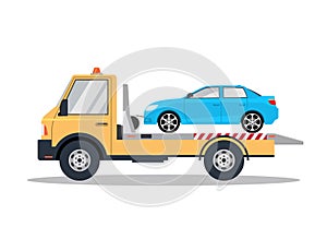 Car tow truck accident roadside assistance. Crash breakdown flatbed blue car recovery tow truck photo