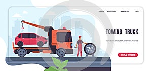 Car towing landing page. Automobile emergency service and roadside assistance. Website interface template with button