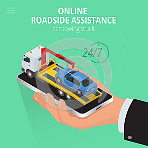 Car towing truck Online, evacuator Online, Online roadside assistance car towing truck, Business and Service Concept