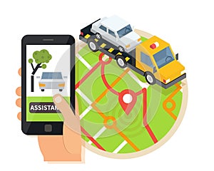 Car towing truck, online roadside assistance. Evacuator in mobile app. Flat design illustration.