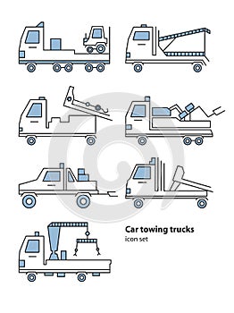 Car towing truck roadside assistance. Vector lineart illustration for icon, logo. Evacuators car set.