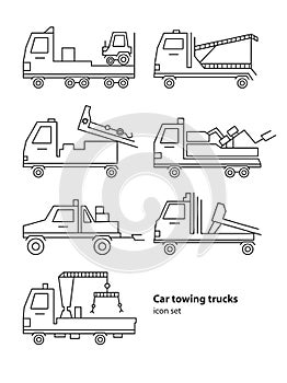 Car towing truck roadside assistance. Vector lineart illustration for icon, logo. Evacuators car set.