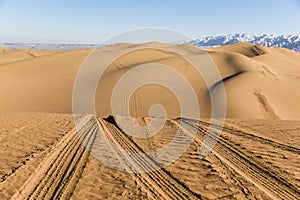 Car tracks on the sand dunes in Shapotou National Park - Ningxia, China.