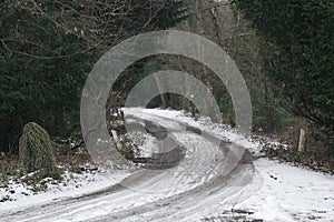 Car tracks in snow on a dirty country lane / road, through woods