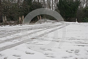 Car tracks in snow on a dirty country lane / road, through woods