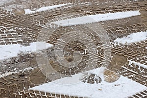 Car tracks on a snowy road. Slippery road, danger, risk of skidding. Traces of winter tire treads