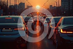 Car traffic jam against the sunset background