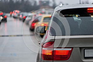 Car traffic jam queue intensive traffic hours