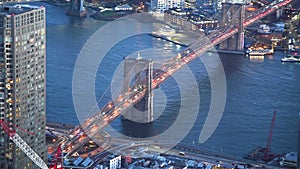 Car traffic at night along the Brooklyn Bridge, New York City aerial view