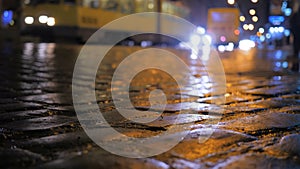 Car traffic night city center abstact water rain reflection evening