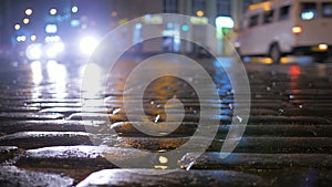 Car traffic night city center abstact water rain reflection evening