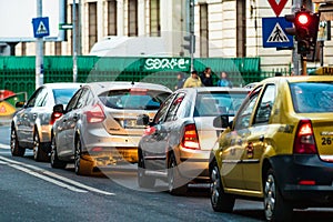 Car traffic, pollution, traffic jam in the morning and evening in the capital city of Bucharest, Romania, 2022