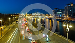 Car traffic on Prechistenskaya embankment, Moscow, Russia