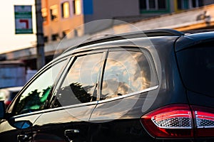 Car traffic at rush hour in downtown area of the city. Car pollution, traffic jam in the morning and evening in the capital city