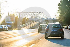 Car traffic at rush hour in downtown area. Traffic jam, cars on the road at sunset in Bucharest, Romania, 2020