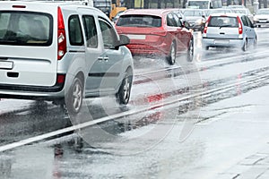 Car traffic during rush hours during heavy rain