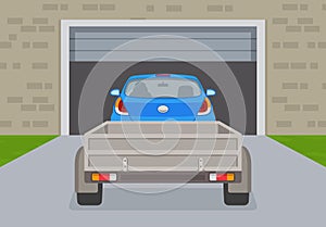 Car with a trailer entering garage. Back view. Flat vector illustration.