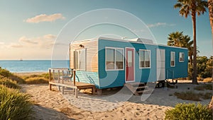 car trailer house, sea journey summer scenic