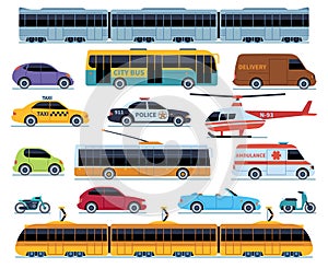 Car transport set. Vehicles city transportation. Cars trucks scooters motorcycle bus. Side view auto isolated vector set