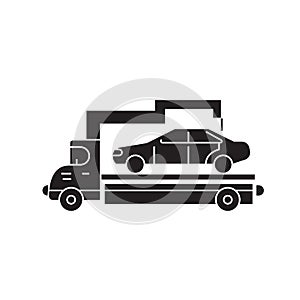 Car transporter black vector concept icon. Car transporter flat illustration, sign