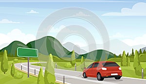 Car travel, road trip flat vector illustration. Minivan on highway and empty, blank traffic sign. Scenic landscape