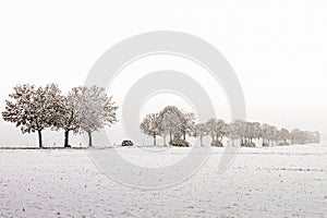 a car traveling along a snow covered road with trees along the highway