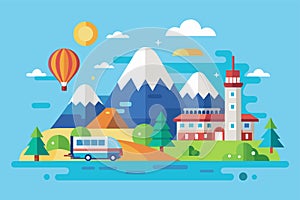 Car traveling down road alongside towering mountain in a scenic landscape, travel, Simple and minimalist flat Vector Illustration