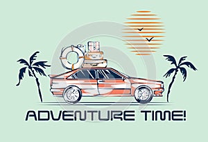 Car traveling illustration in retro 1980s style. Automobile trip concept. Vintage vehicle, palms and sun