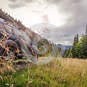 car for traveling with a mountain road