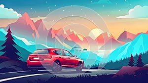 car for traveling with a pine forest and mountain views, generative Ai