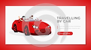 Car traveling web banner vector template. Personal transportation rental service website landing page interface layout