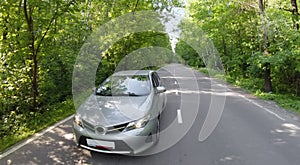 Car travels by road among trees with green foliage