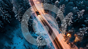 A car travels on a snow-covered road flanked by pine trees