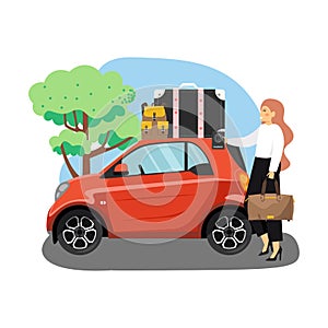 Car trip, road travel, summer vacation. Young woman traveling by car, flat vector illustration