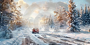 Car trip on the road by winter forest background, Winter Season - Ai Generated