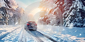 Car trip on the road by winter forest background, Winter Season - Ai Generated