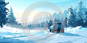 Car trip on the road by winter forest background, Winter Season - Ai Generated