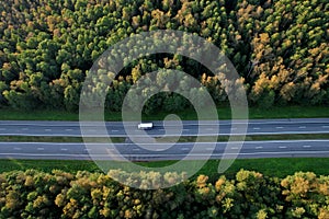 Car and truck driving on the highway, Top view. Trucks and cars in a traffic jam on rod. Cars and rush hours. Aerial view of a