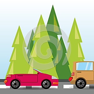 Car and truck over rood with forestal landscape photo