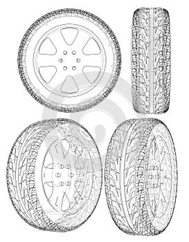 Car or truck tire drawing outline. Vector