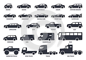 Car type icons set. Model automobile. Vector black illustration