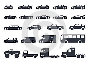 Car type icons set. Model automobile. Vector black illustration