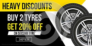 Car tyres promotion banner. Realistic tyres with promo text for flyers, banners etc. Vector sale banner illustration